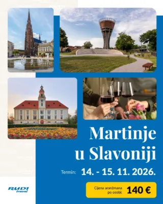 [ MARTINJE U SLAVONIJI 🍷 ]

Provedite dva dana u Slavoniji uz vrhunska vina, domaće delicije, bogatu povijest i veselu martinjsku atmosferu! ✨

Putovanje nas vodi kroz Vukovar i Ilok, uz razgled grada na Dunavu, posjet memorijalnim mjestima te upoznavanje tradicije i vinske priče najistočnijeg dijela Hrvatske.

📅 14.–15. studenoga 2026.
🚌 Polazak iz Čakovca i Varaždina
⏳ Trajanje: 2 dana
💶 Cijena: 140 € po osobi

Pridružite nam se na vikendu ispunjenom slavonskim okusima, vinom, druženjem i dobrom atmosferom. 🍇🥂

Više informacija i rezervacije:
👉 https://f.mtr.cool/0y1yuk6eyf

RUDI Travel